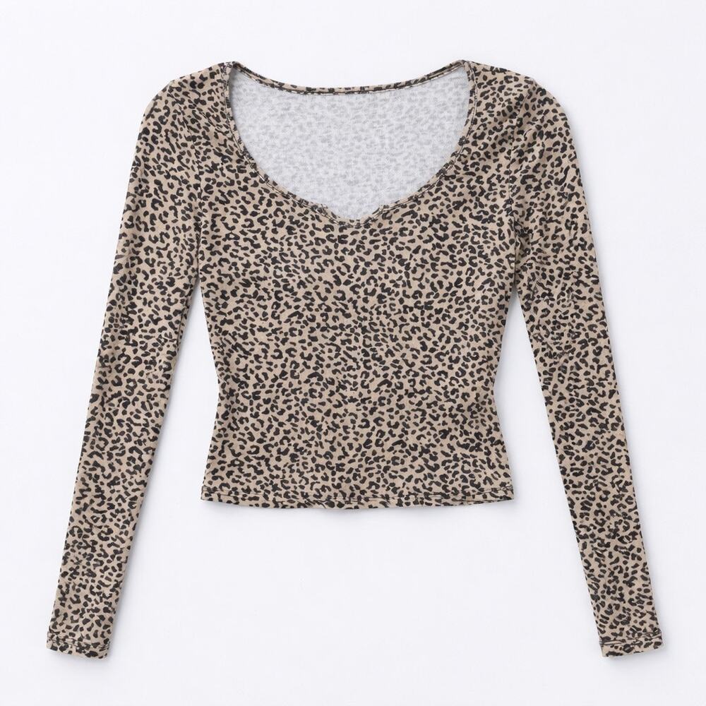 Leopard Print Long Sleeve Fitted Ribbed Animal Print Shirt Size Small
